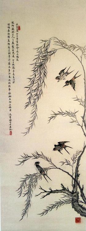 沈壽繡柳燕圖（軸），刺繡名作，蘇繡名人，清朝刺繡