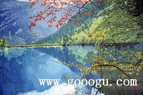 九寨溝風(fēng)景刺繡畫，高檔風(fēng)景刺繡裝飾畫，蘇繡工藝品畫