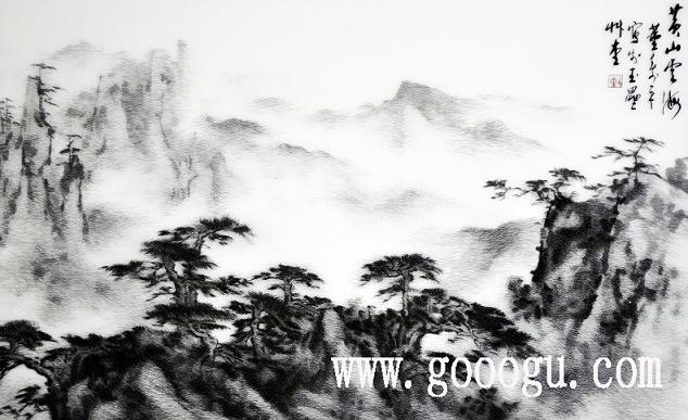 蘇繡刺繡畫，黃山云海風(fēng)景裝飾畫，刺繡精品畫