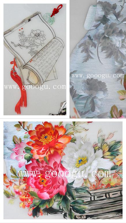 刺繡畫細(xì)節(jié)照片，牡丹古代題材蘇繡精品